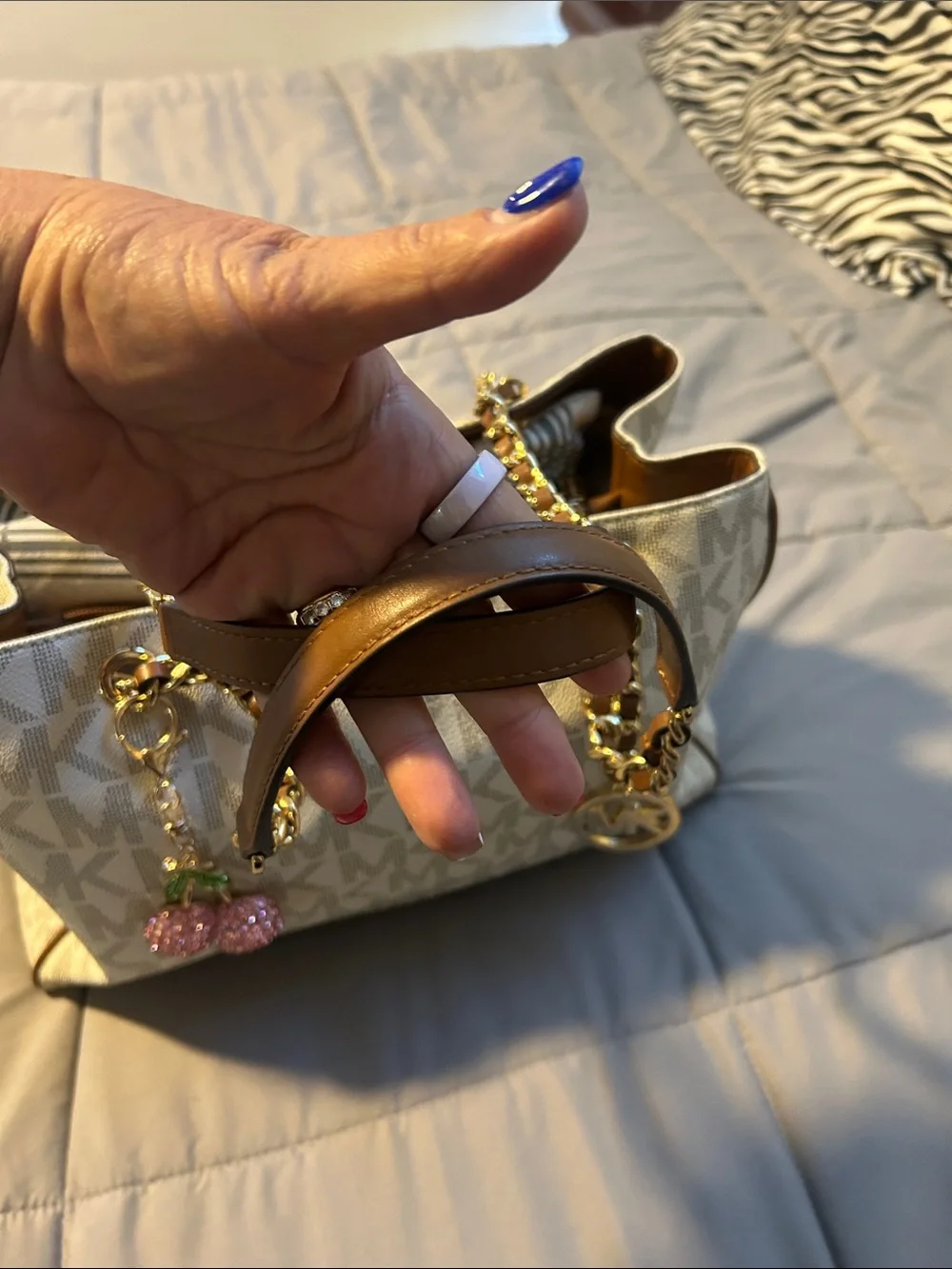 Michael Kors Cream MK Logo Tote with Gold Chain Handles